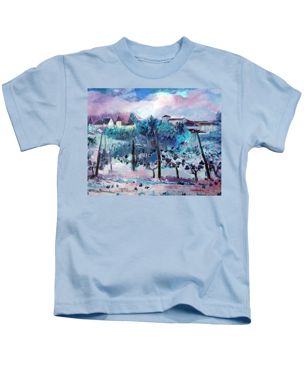 Landscape Kids T-Shirt featuring the painting Night at Fleac by Kim PARDON