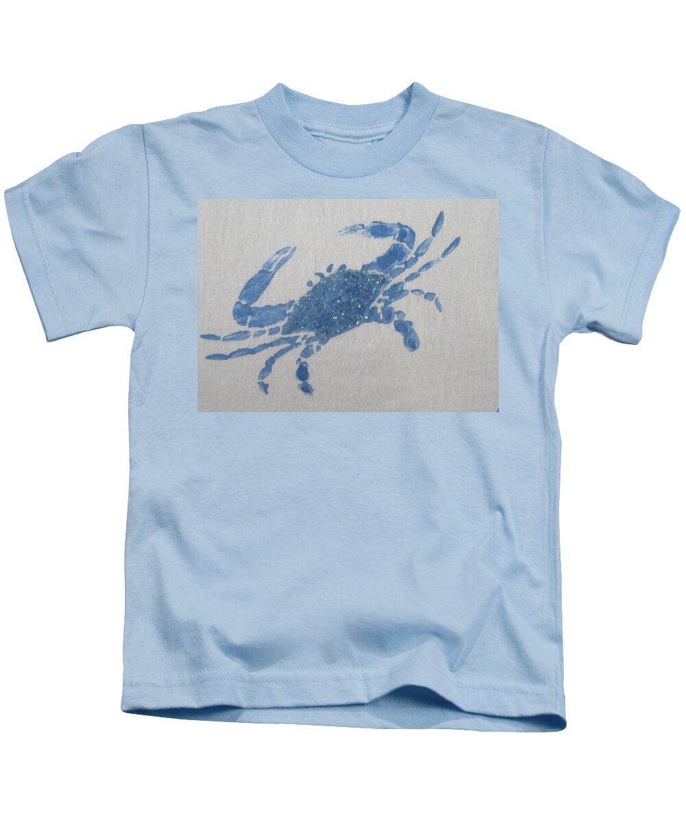 Blue Kids T-Shirt featuring the painting One Blue Crab on Sand by Ashley Goforth
