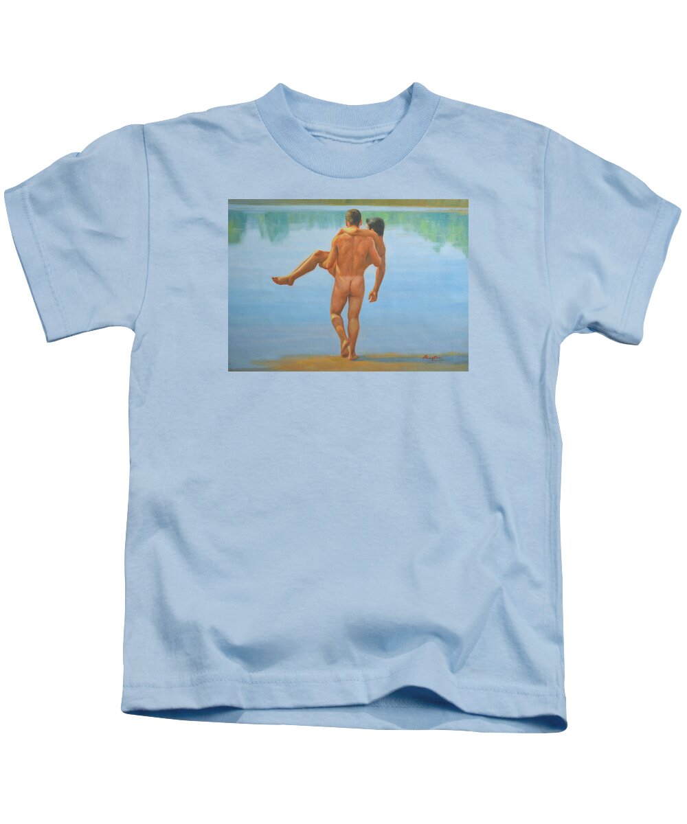 Original. Oil Painting. Art Kids T-Shirt featuring the painting Original Oil Painting Man Body Art -male Nude By The Pool -073 by Hongtao Huang