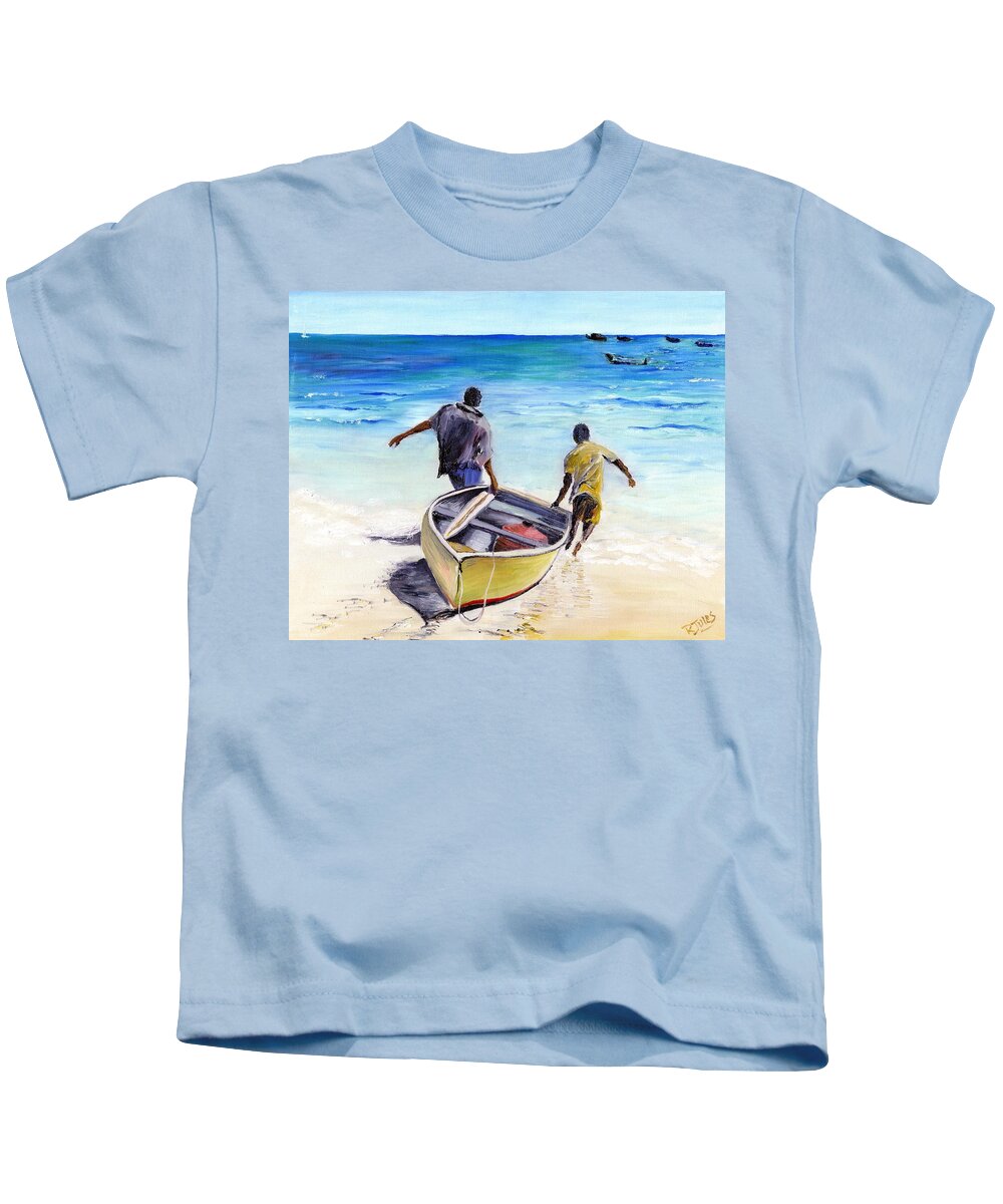 Barbados Kids T-Shirt featuring the painting Out To Sea by Richard Jules