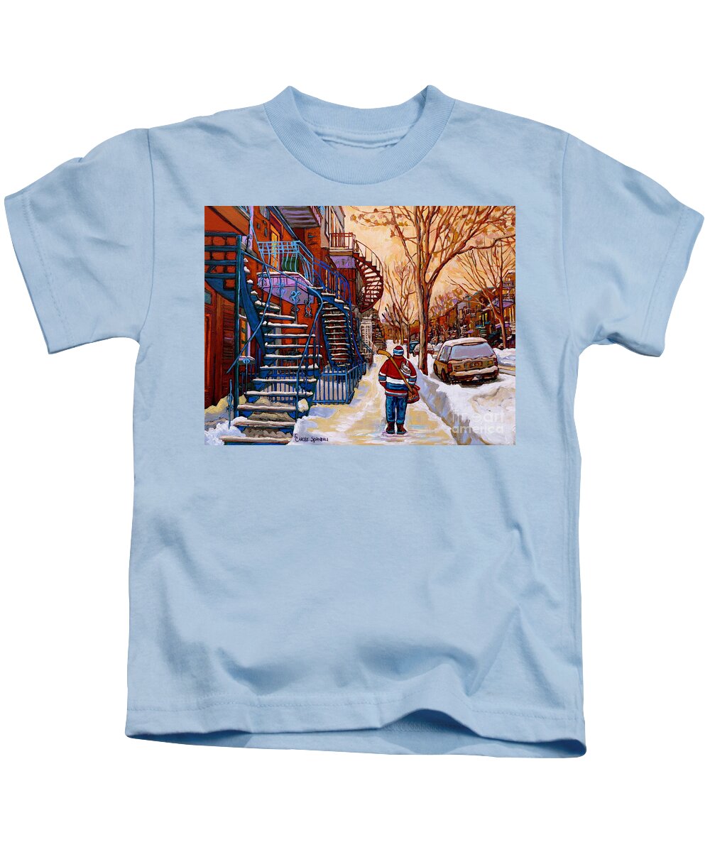 Montreal Kids T-Shirt featuring the painting Paintings Of Montreal Beautiful Staircases In Winter Walking Home After The Game By Carole Spandau by Carole Spandau