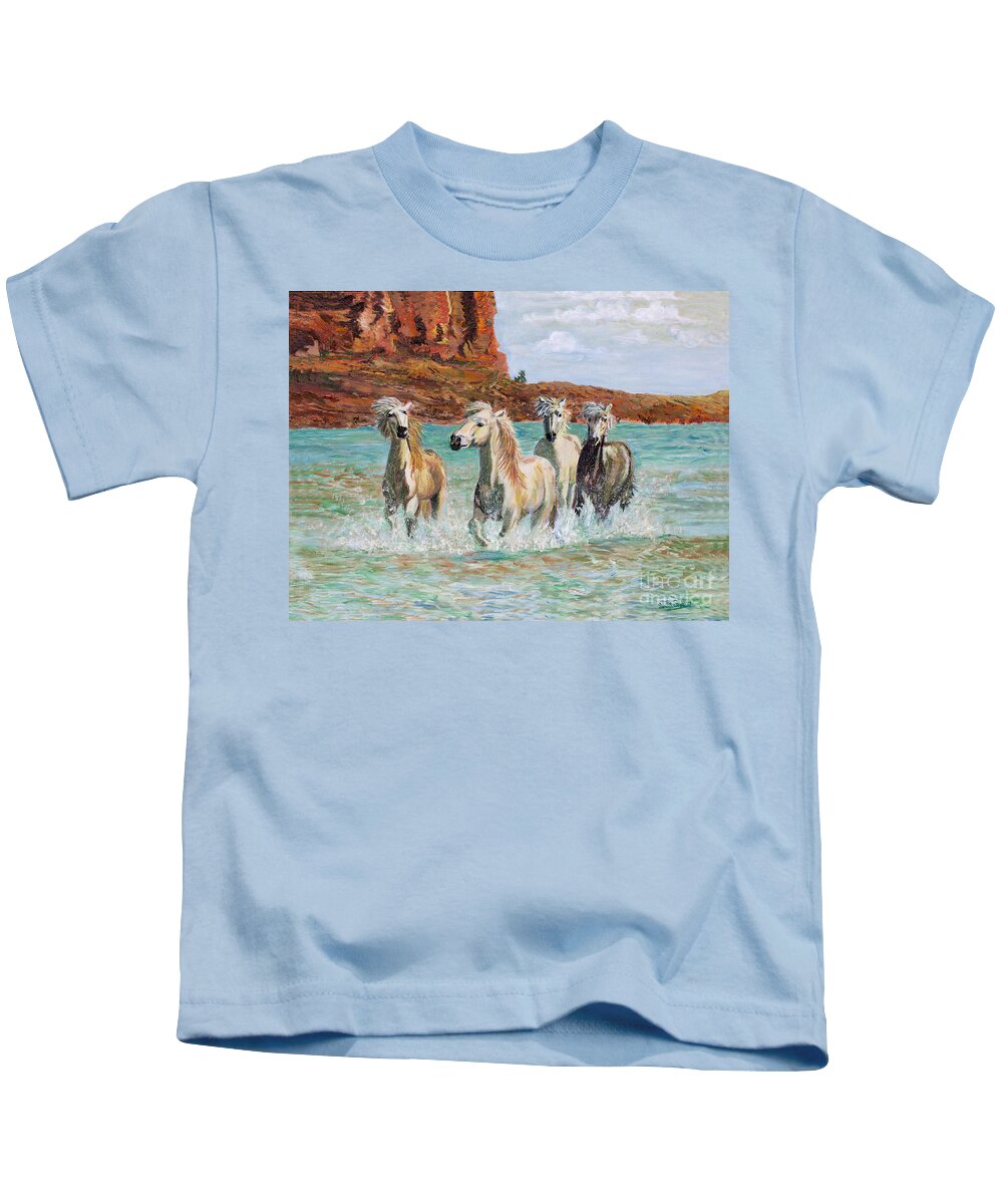 Horses Kids T-Shirt featuring the painting Palominos All by Sarabjit Singh