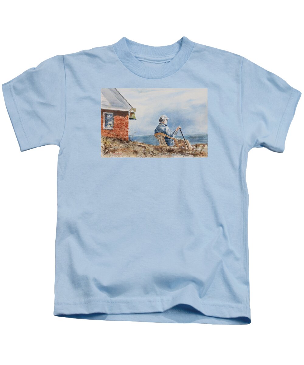 A Gentleman Looks To Sea At The Pemaquid Point Lighthouse On Mid-coast Maine.  Kids T-Shirt featuring the painting Passing Time by Monte Toon