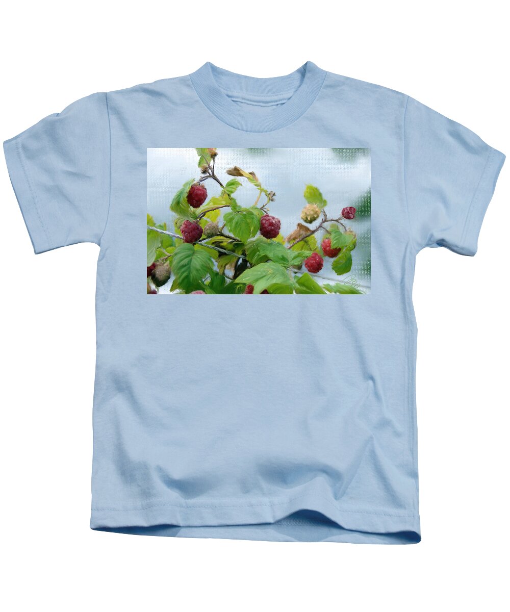 Agriculture Kids T-Shirt featuring the digital art Raspberries on a fence by Debra Baldwin
