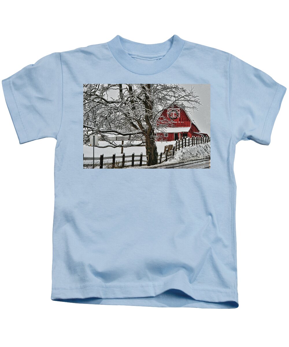 Barns Kids T-Shirt featuring the photograph Red Barn in Winter HDROB4761-13 by Randy Harris