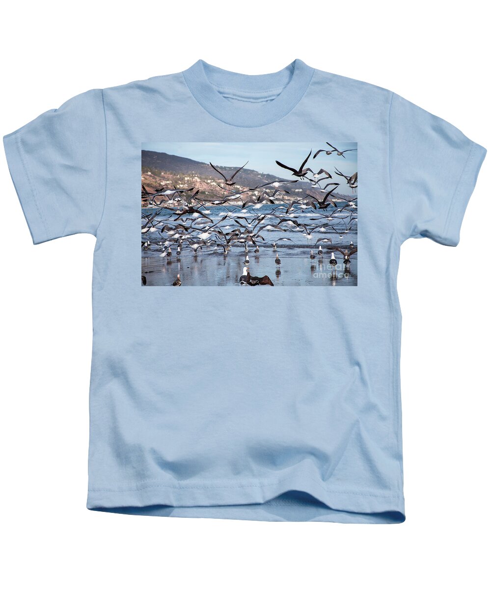 Seagulls Photographs Kids T-Shirt featuring the photograph Seagulls Seagulls And More Seagulls by Jerry Cowart