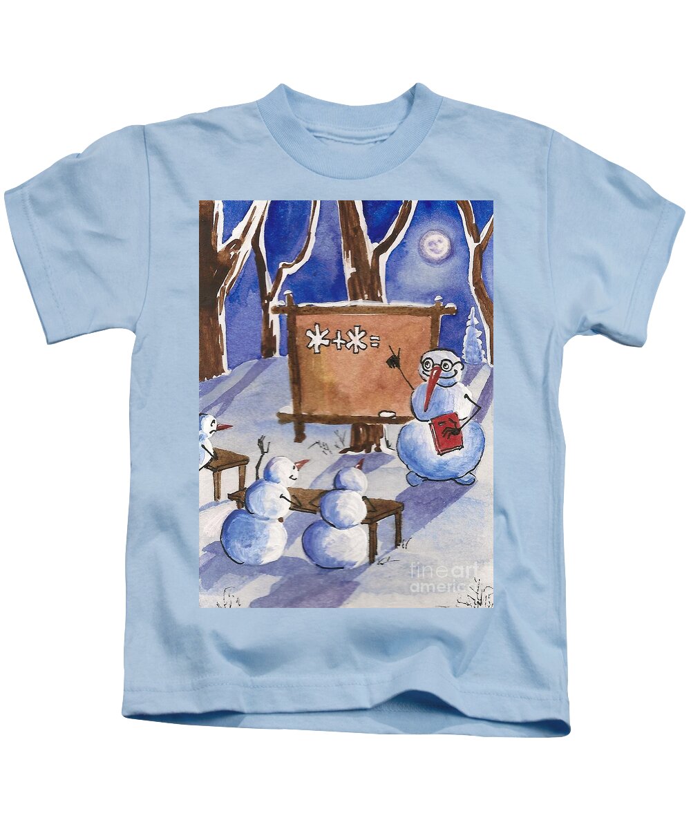 Painting Kids T-Shirt featuring the painting Snowman University by Margaryta Yermolayeva