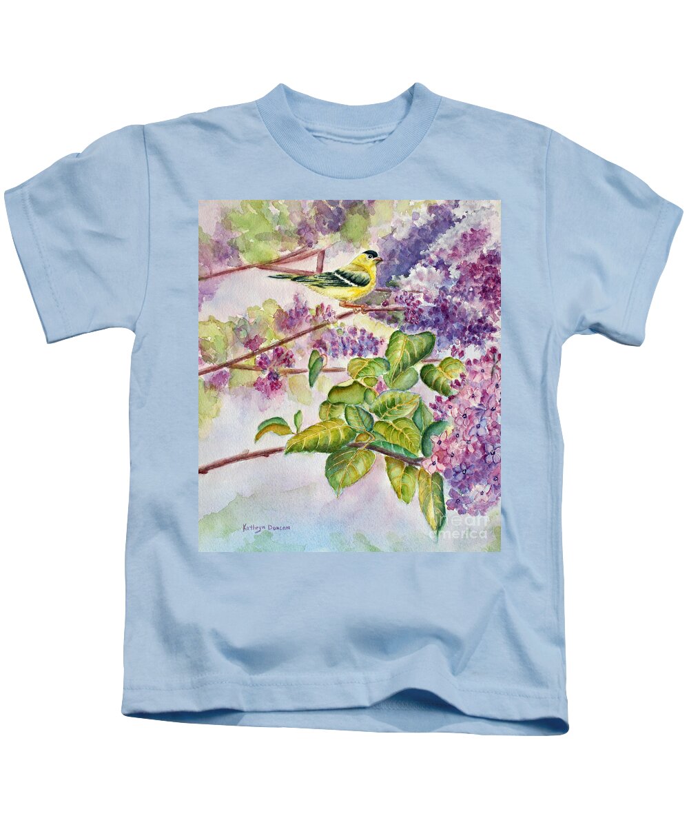 Bird Kids T-Shirt featuring the painting Summertime Arrival by Kathryn Duncan