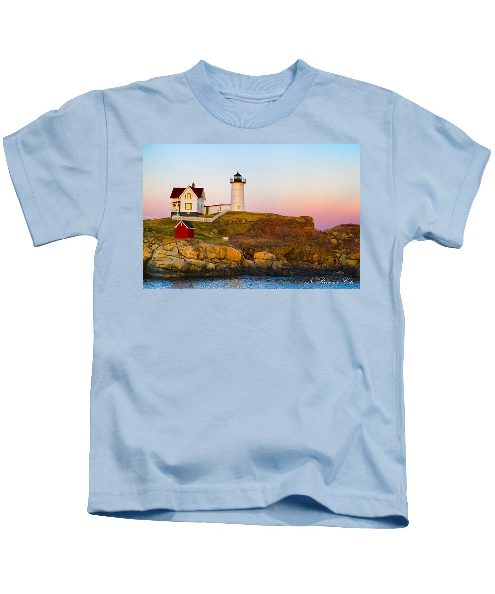 Nubble Kids T-Shirt featuring the photograph Sunset at Nubble Lighthouse by Natalie Rotman Cote