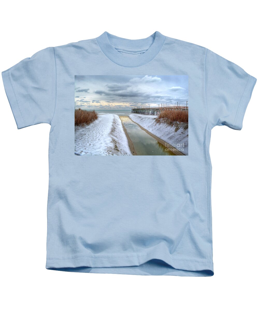 Beach Kids T-Shirt featuring the photograph Surfside Beach Pier Ice Storm by Kathy Baccari