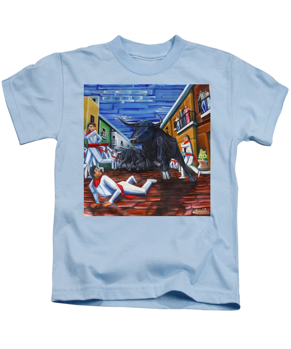 Spain Kids T-Shirt featuring the painting The Bull Run in Pamplona by Ruben Archuleta - Art Gallery
