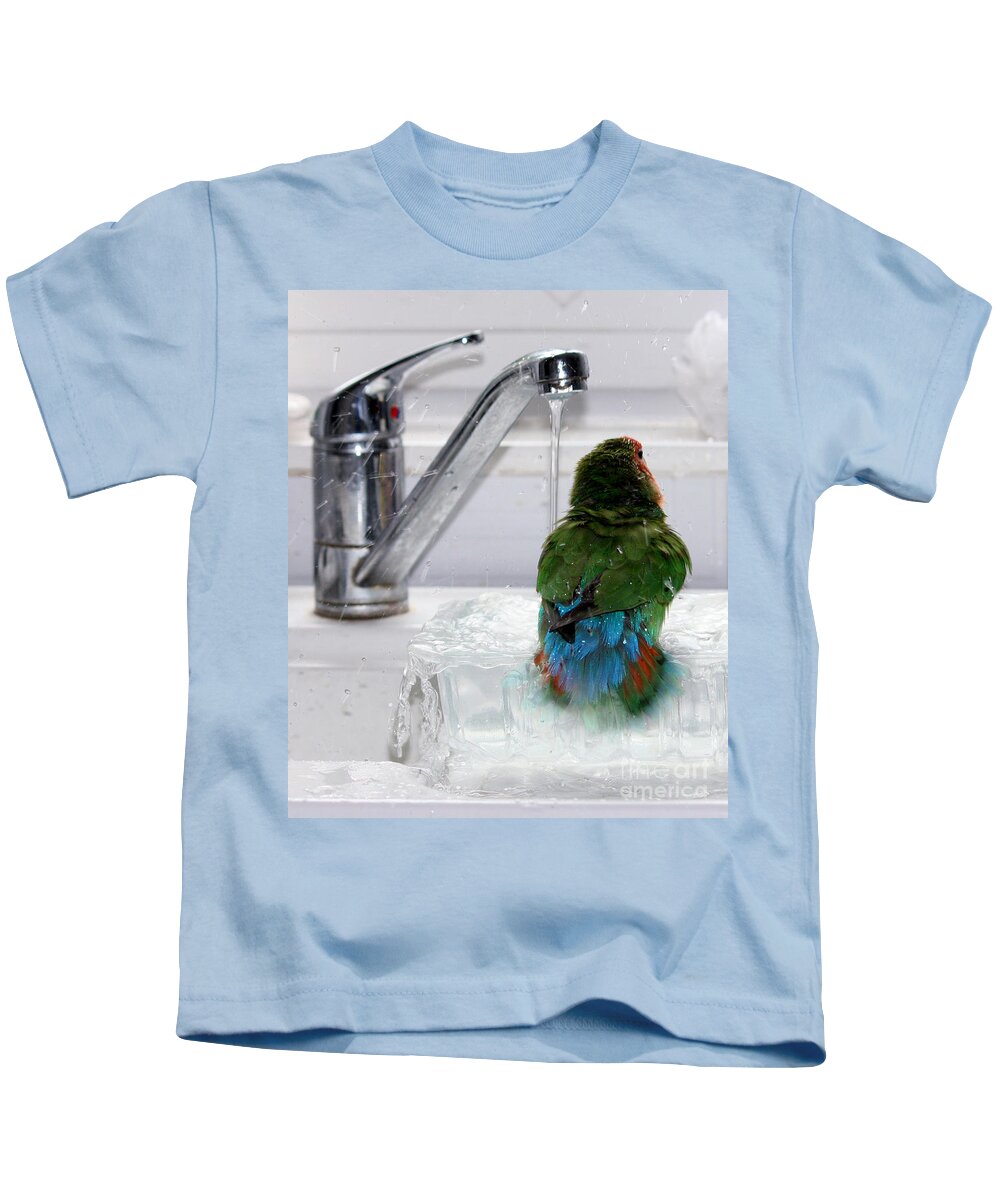 Bird Kids T-Shirt featuring the photograph The Lovebird's Shower by Terri Waters