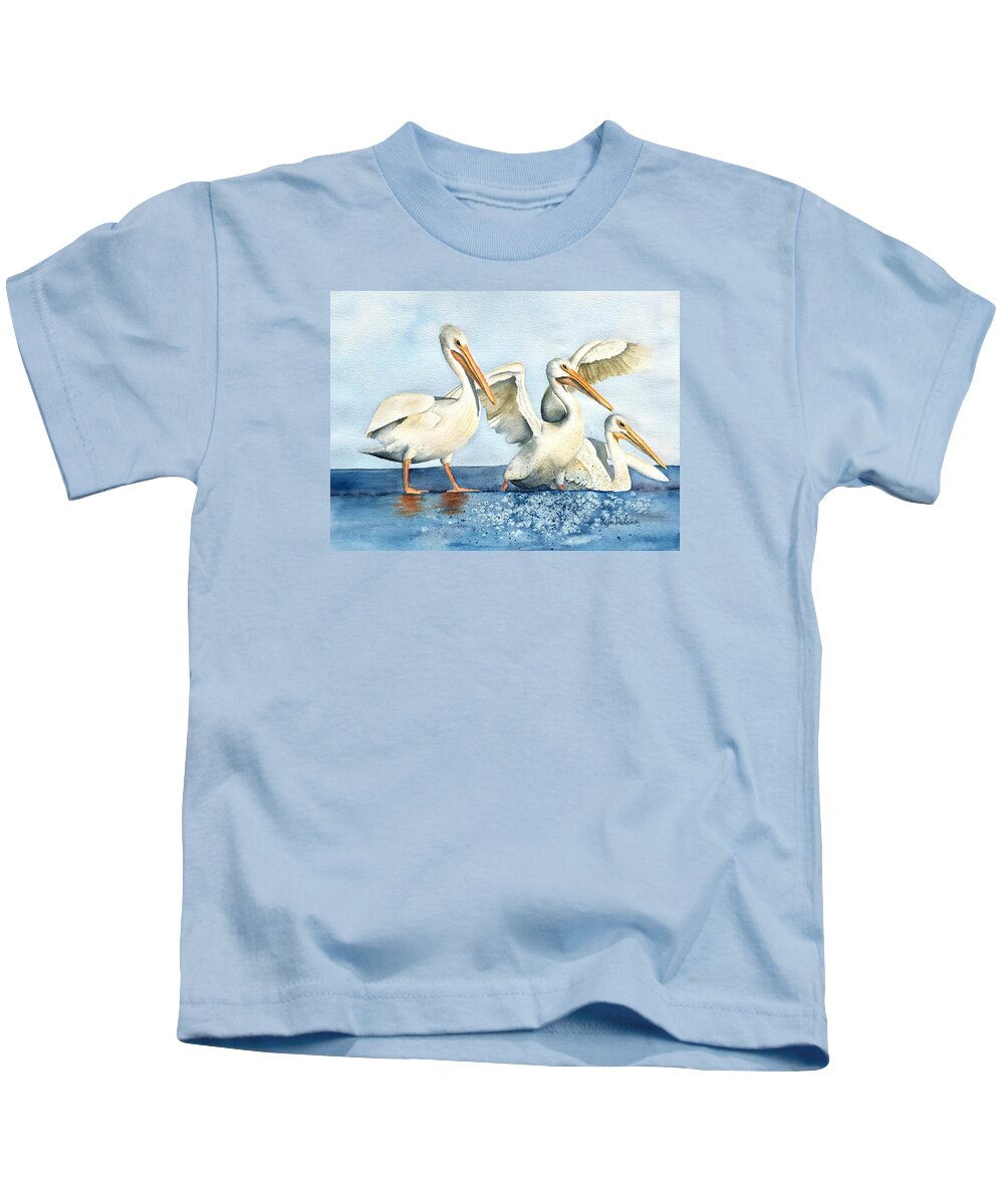 Pelicans Kids T-Shirt featuring the painting The Pelican Trio by Lyn DeLano