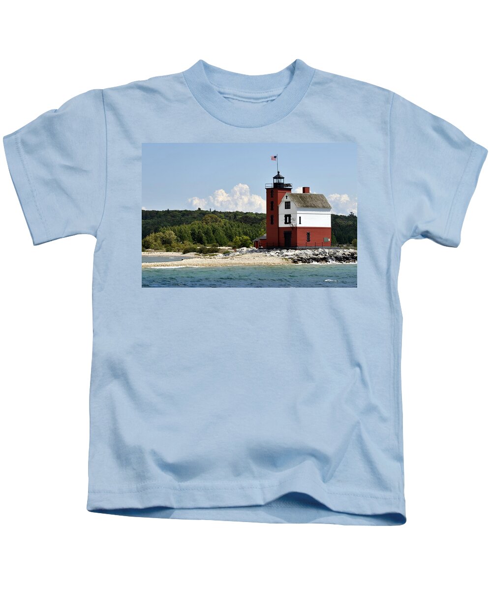  Light Houses Kids T-Shirt featuring the photograph Round Island Lighthouse Mackinac The Picnic Spot by Marysue Ryan