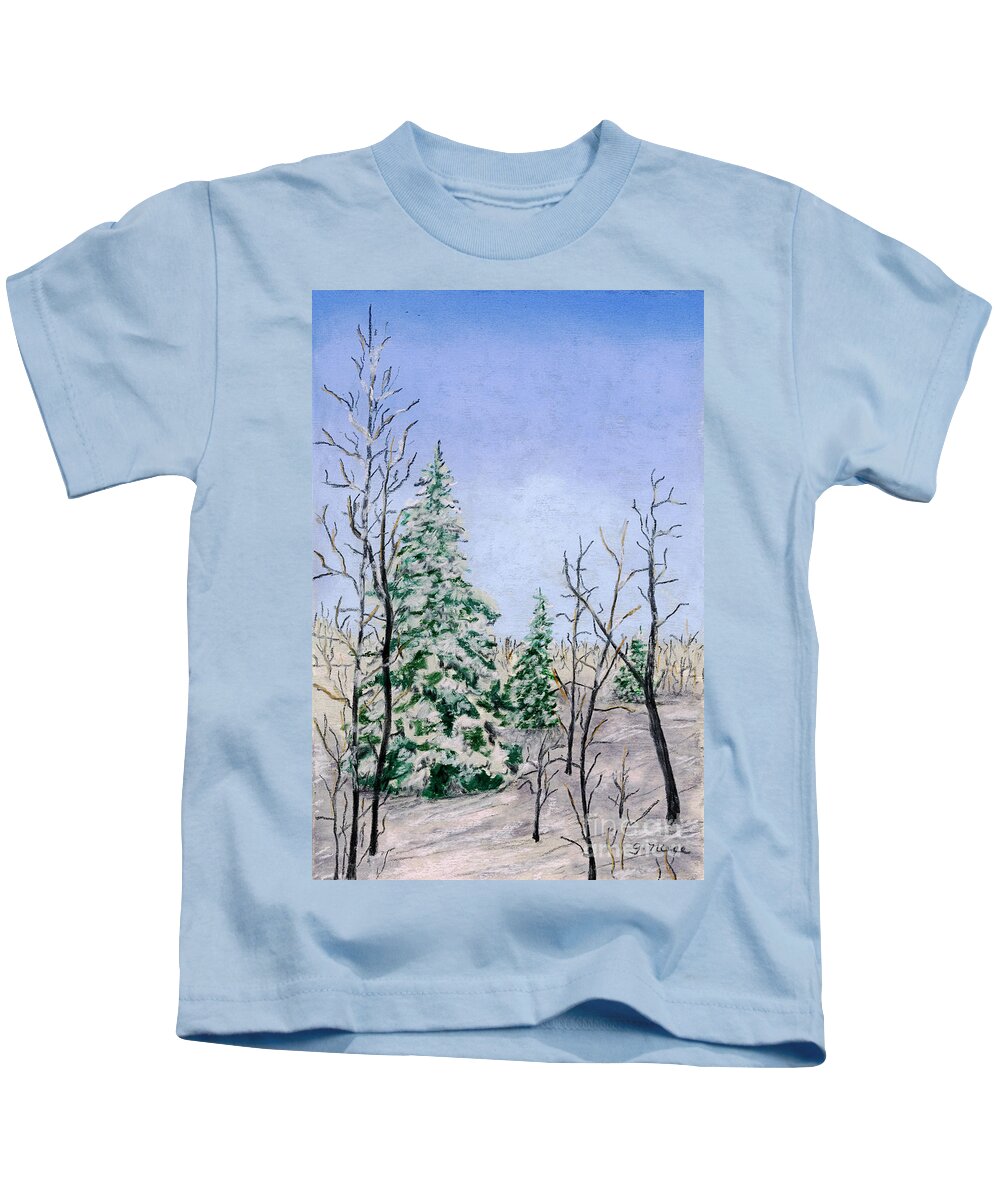 Winter Kids T-Shirt featuring the pastel Three Winter Evergreens by Ginny Neece