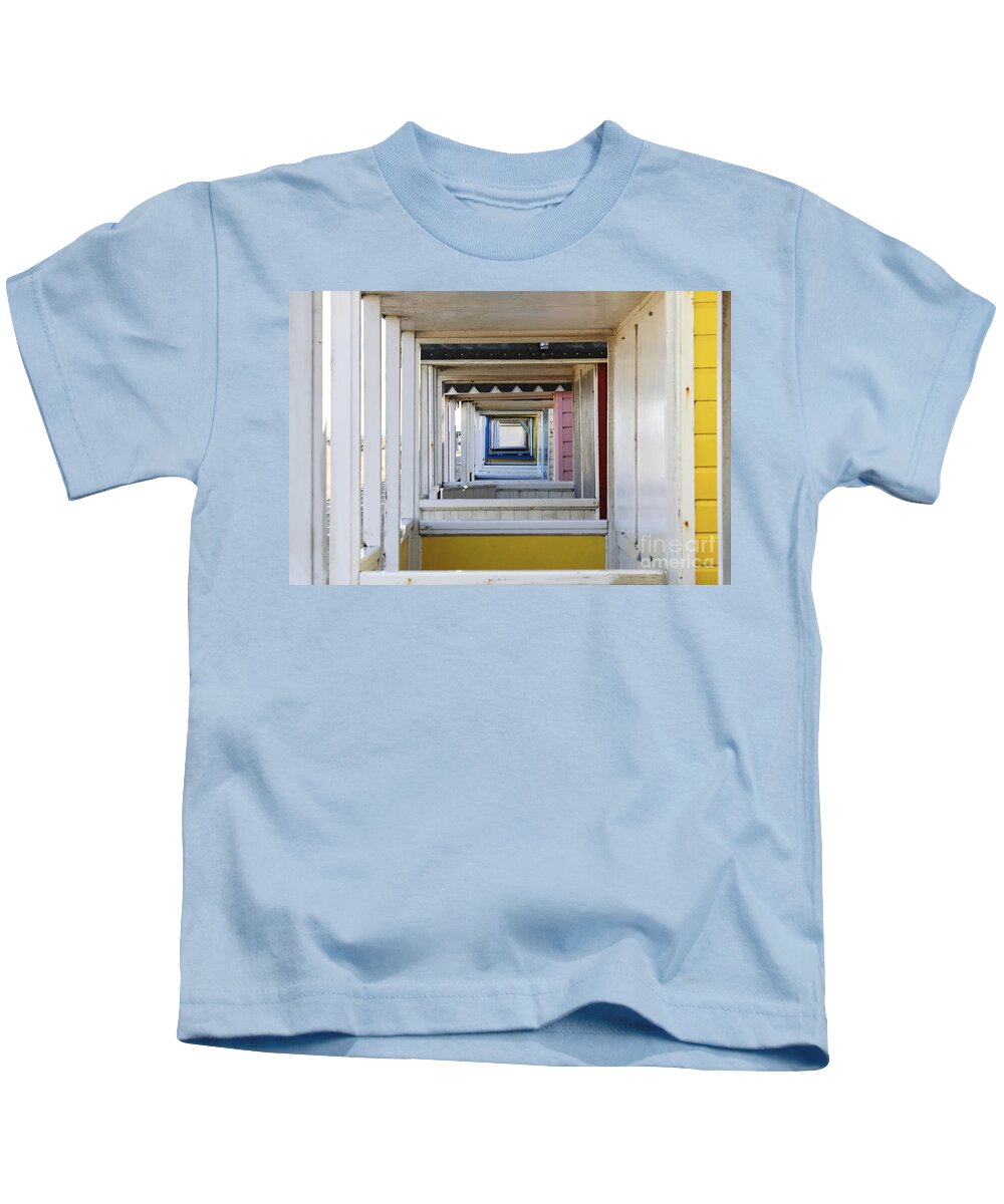 Along The Beach Huts Uk England Seaside Traditional Perspective Rectangles Squares Kids T-Shirt featuring the photograph Through the Beach Huts by Julia Gavin