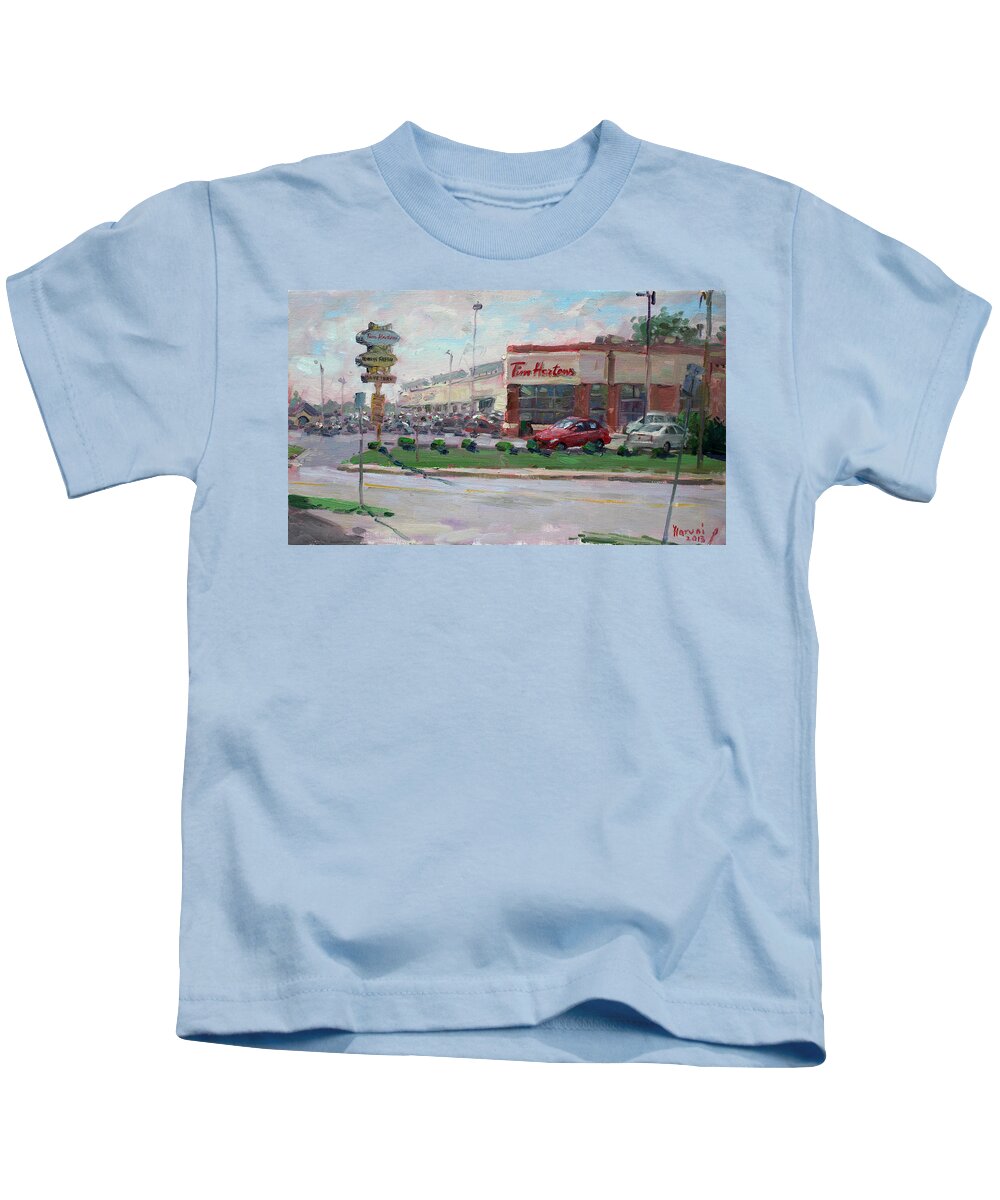 Tim Hortons Kids T-Shirt featuring the painting Tim Hortons by Niagara Falls Blvd Where I have my Coffee by Ylli Haruni