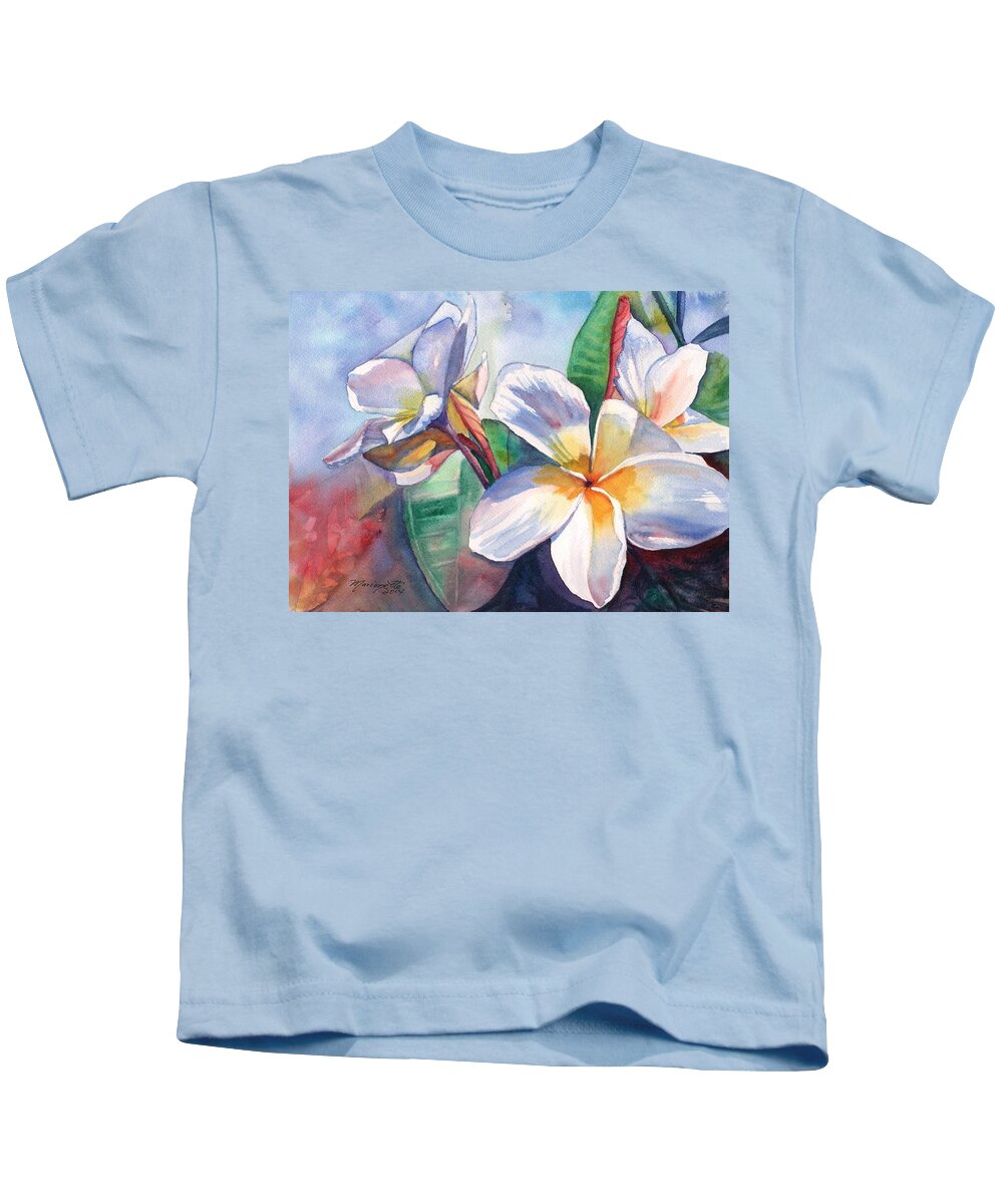 Plumeria Kids T-Shirt featuring the painting Tropical Plumeria Flowers by Marionette Taboniar