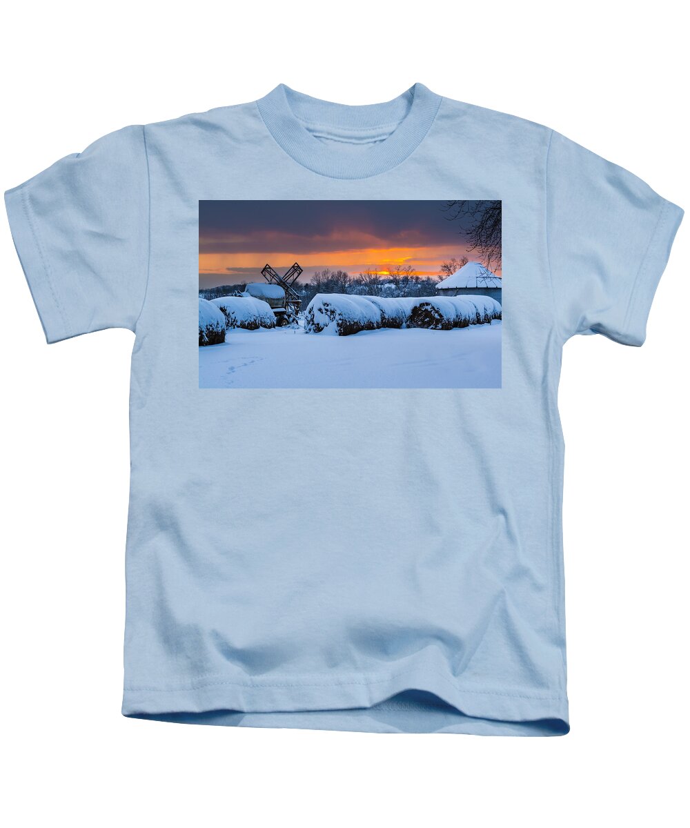 Snow Kids T-Shirt featuring the photograph Winter Sunset on the Farm by Holden The Moment
