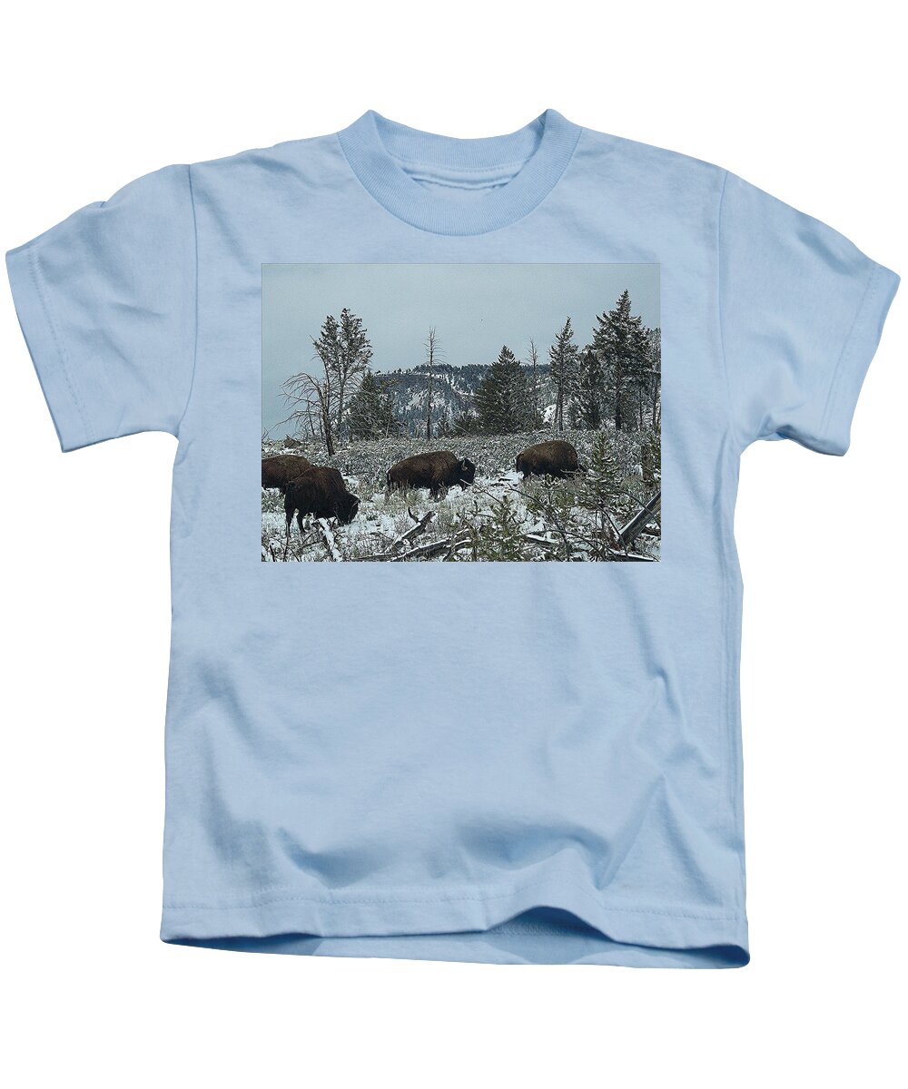 Bison Kids T-Shirt featuring the photograph Yellowstone Buffalo Grazing Snowing by Enaid Silverwolf
