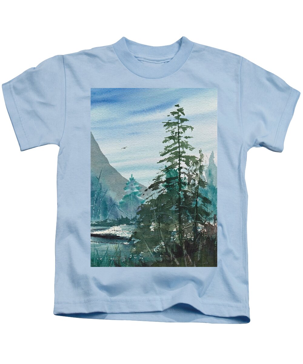 Mountains Kids T-Shirt featuring the painting Blue Green pines by Frank SantAgata