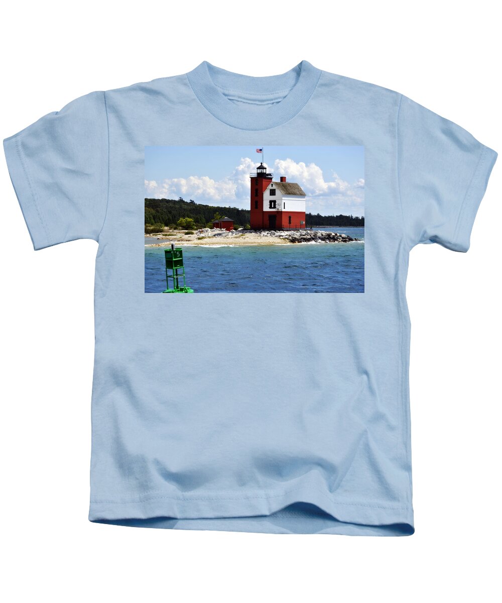 Round Island Light House Kids T-Shirt featuring the photograph Round Island Light House Michigan by Marysue Ryan