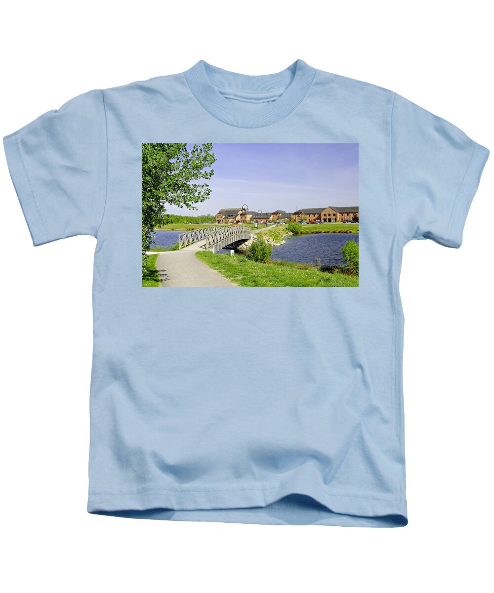 Water Kids T-Shirt featuring the photograph Foot-bridge and Lake - Barton Marina by Rod Johnson