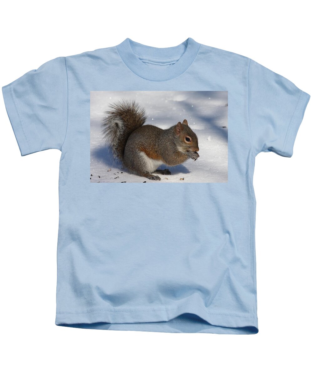 Gray Squirrel Kids T-Shirt featuring the photograph Gray Squirrel On Snow by Daniel Reed