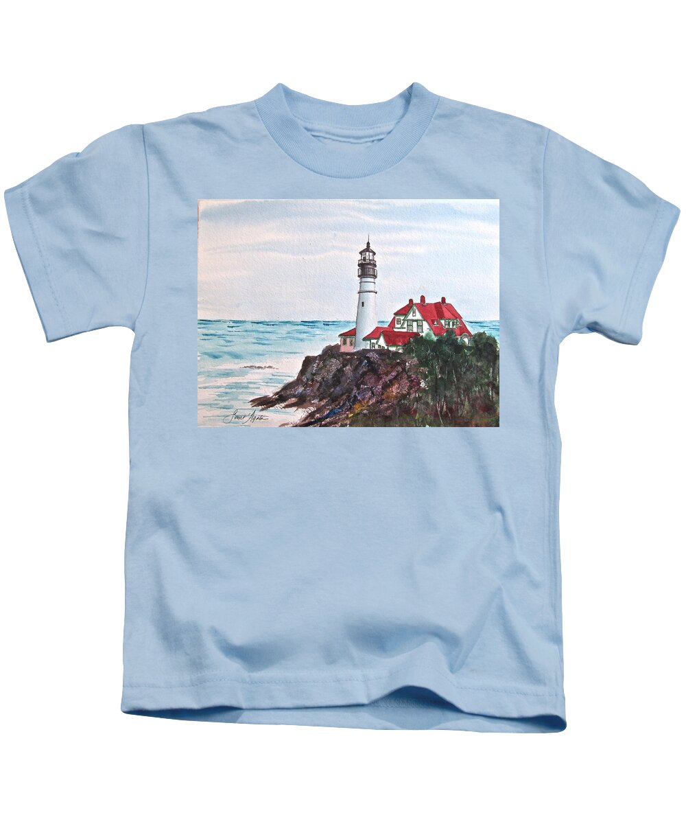 Lighthouse Kids T-Shirt featuring the painting Portland Head Light III by Frank SantAgata
