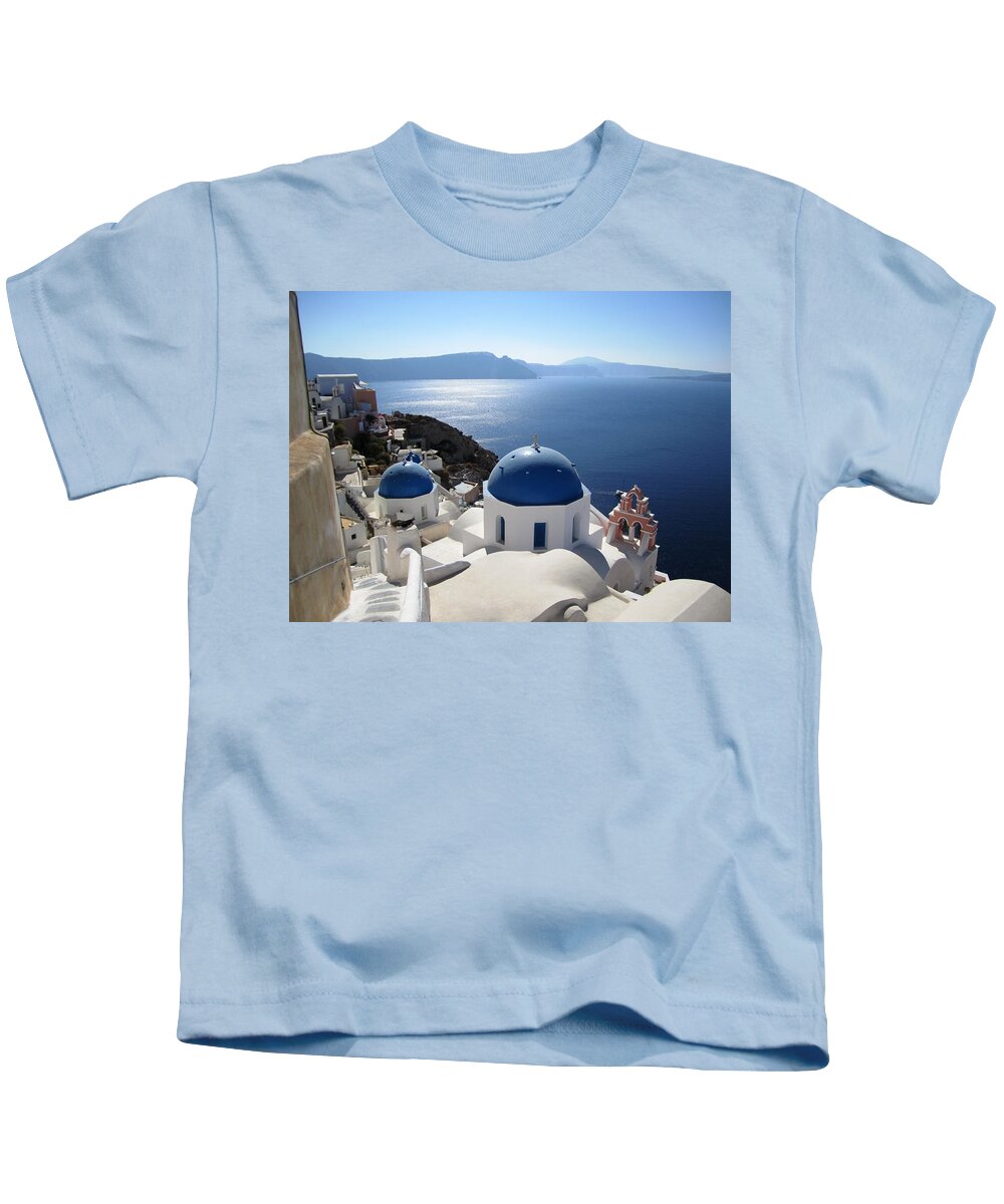 Santorini Kids T-Shirt featuring the photograph Santorini Blue Domes Greek Isle Greece by John Shiron