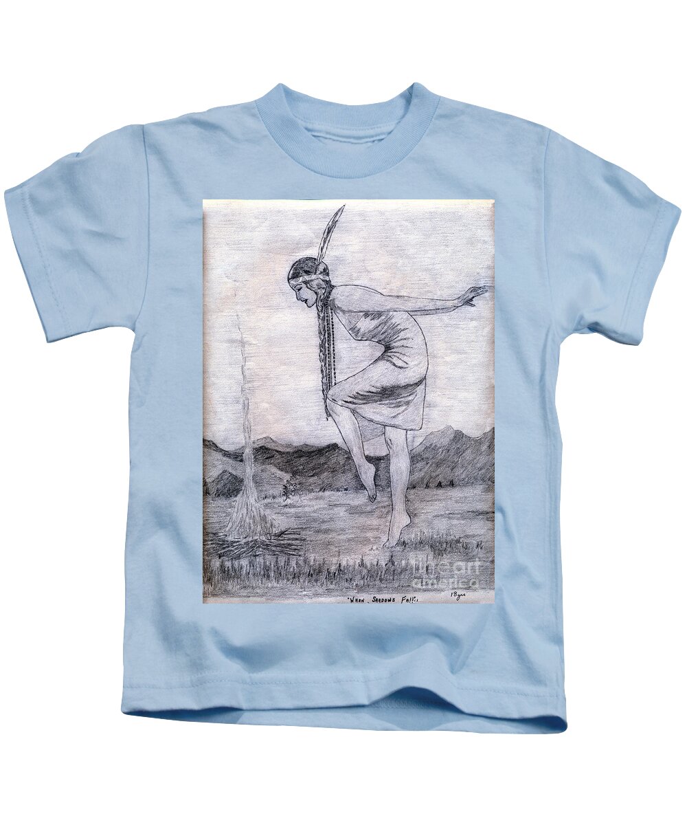 Indian Princess Kids T-Shirt featuring the drawing When Shadows Fall by Donna L Munro