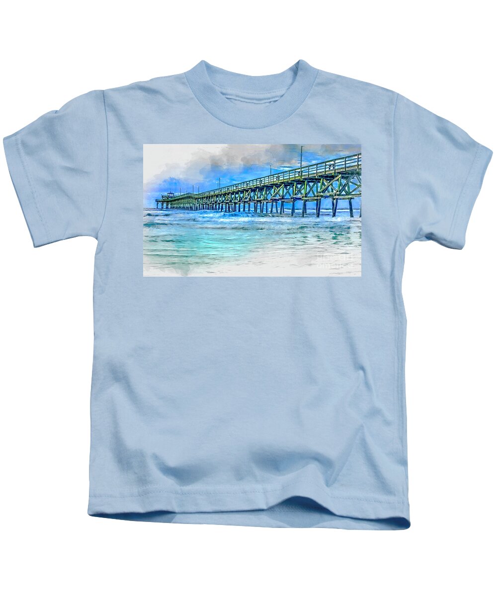 Sea Blue Kids T-Shirt featuring the digital art Sea Blue - Cherry Grove Pier #1 by David Smith