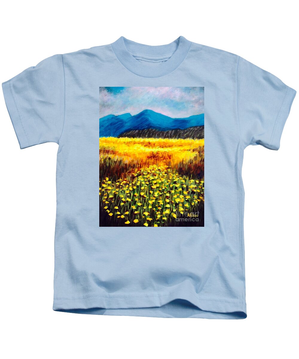 #desert #landscapes #flowers #wildflowers #mountains Kids T-Shirt featuring the painting Wildflowers #1 by Allison Constantino