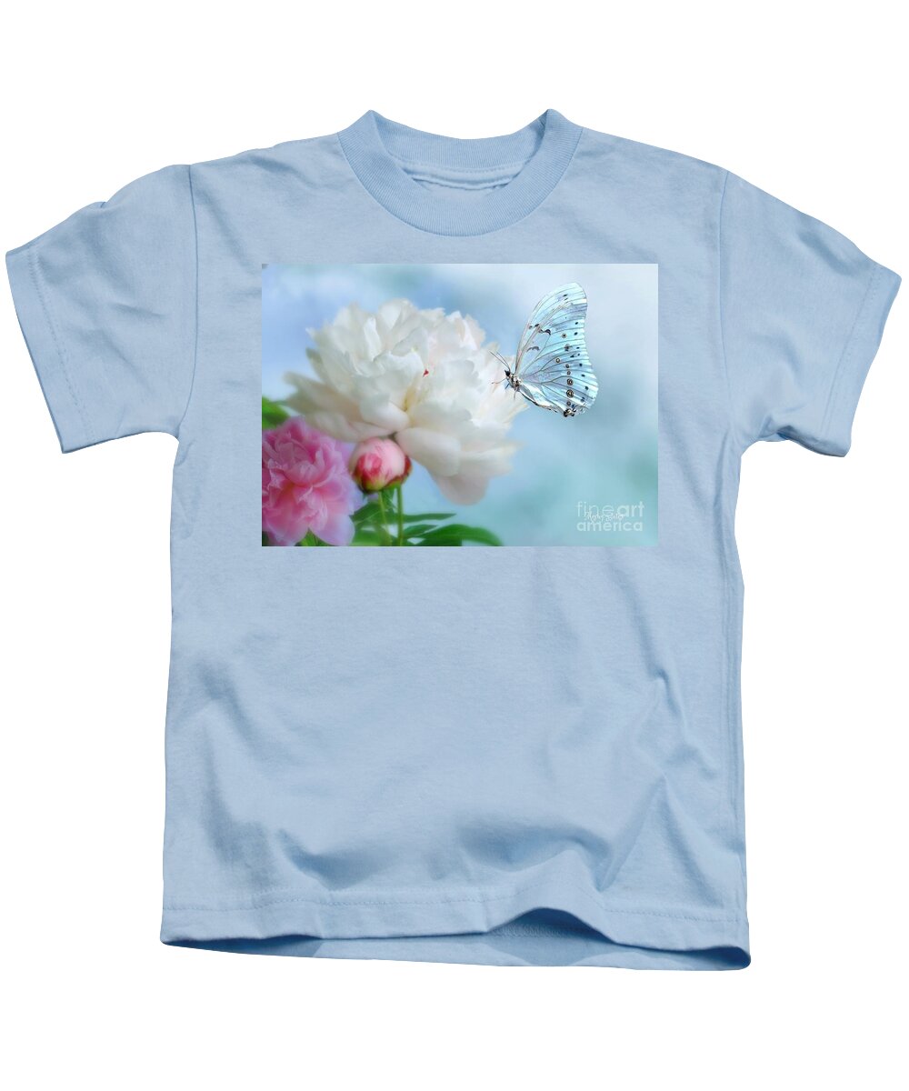Blue Butterfly Kids T-Shirt featuring the mixed media A Soft Landing by Morag Bates