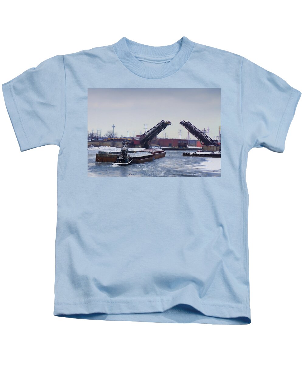 Tug Boat Kids T-Shirt featuring the photograph A tug boat pushing a barge out to the lake by Sven Brogren