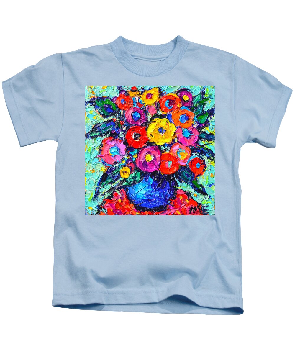 Abstract Kids T-Shirt featuring the painting Abstract Colorful Wild Roses Modern Impressionist Palette Knife Oil Painting By Ana Maria Edulescu by Ana Maria Edulescu