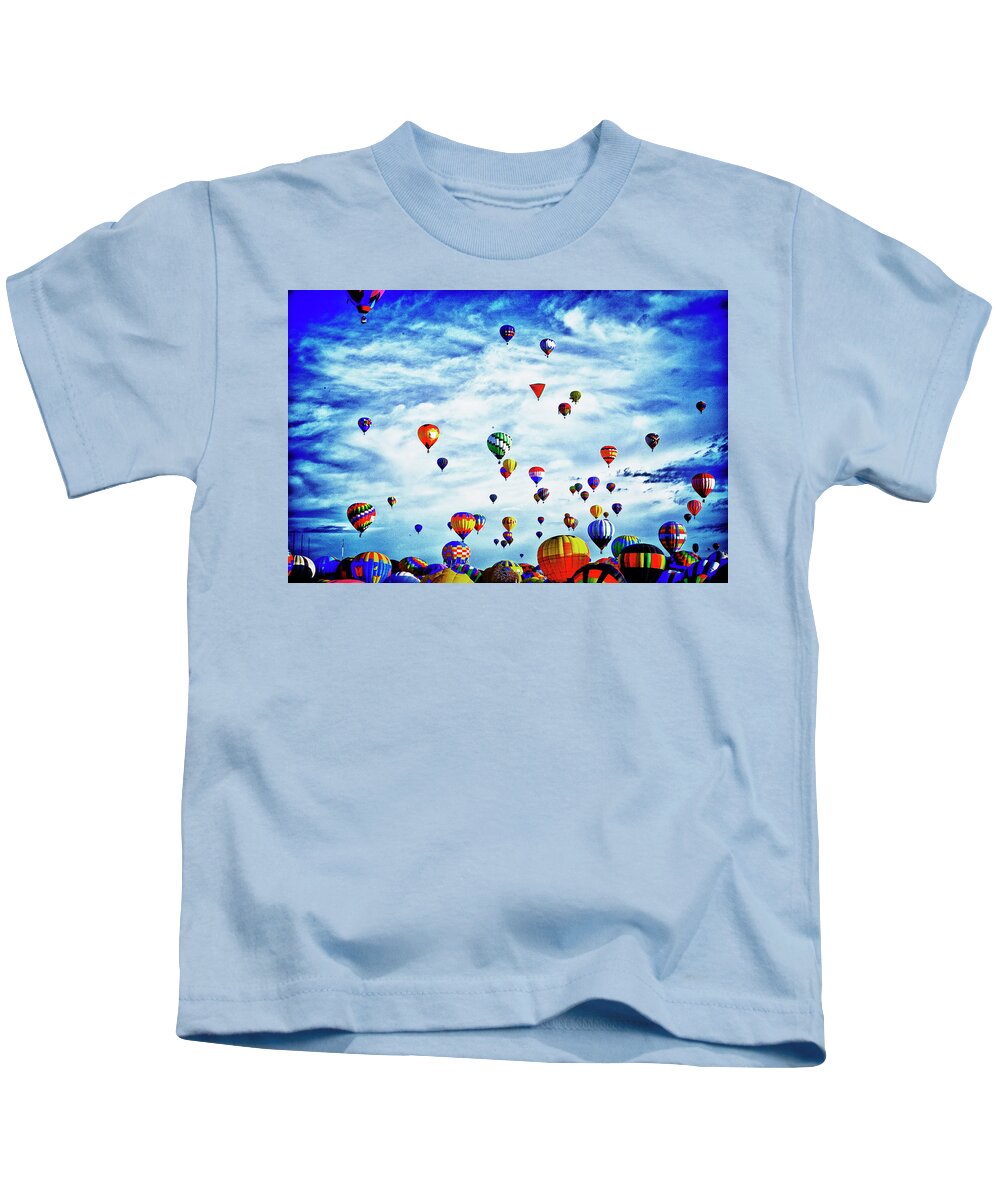 Hot Air Balloon Kids T-Shirt featuring the digital art Albuquerque Blues by Gary Baird