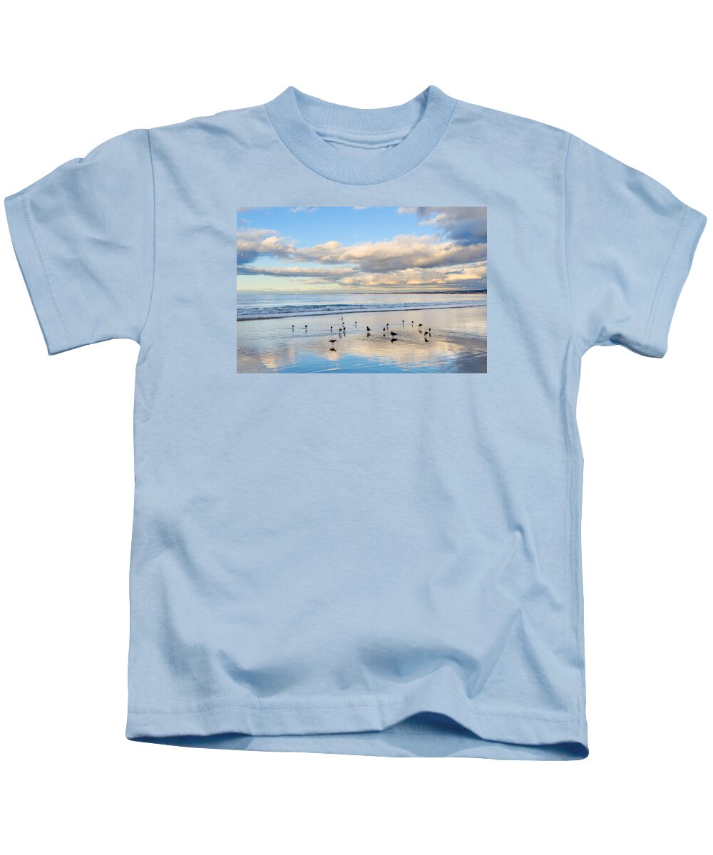 Birds Kids T-Shirt featuring the photograph Birds on the Beach by Derek Dean