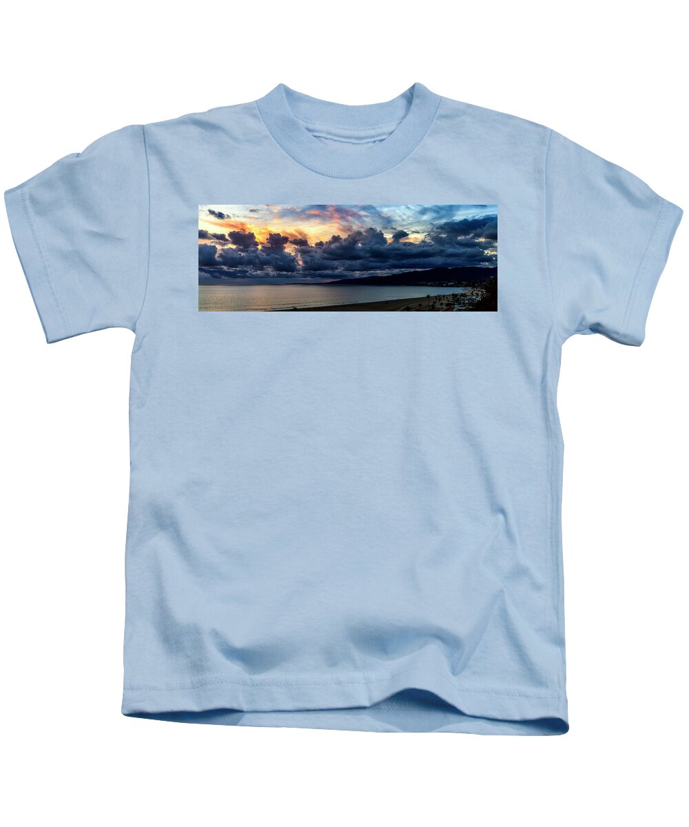 Santa Monica Bay Panorama Kids T-Shirt featuring the photograph Blazing Sky At Sunset - Panorama by Gene Parks