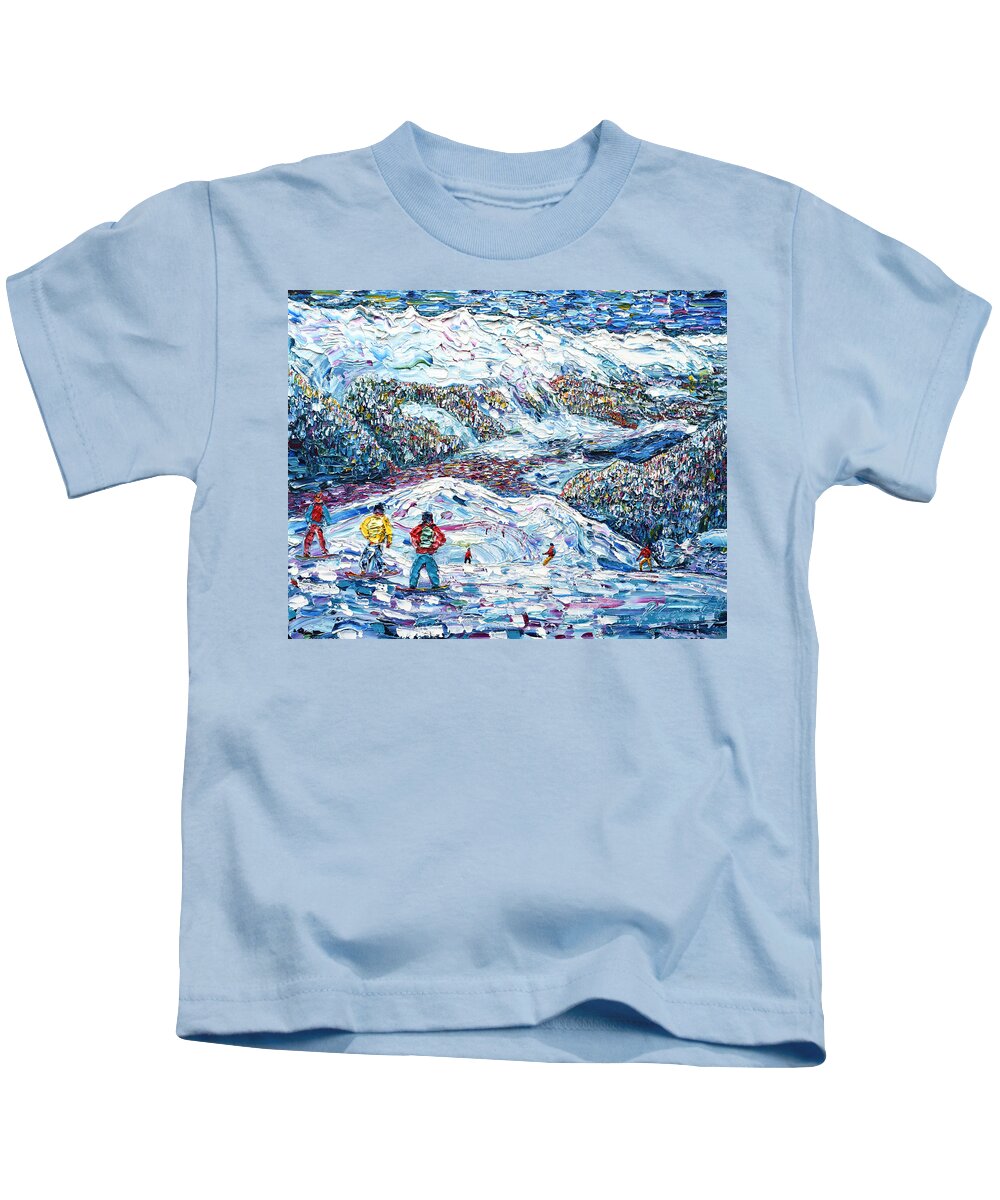 Klosters Kids T-Shirt featuring the painting Boarders above Davos Platz by Pete Caswell