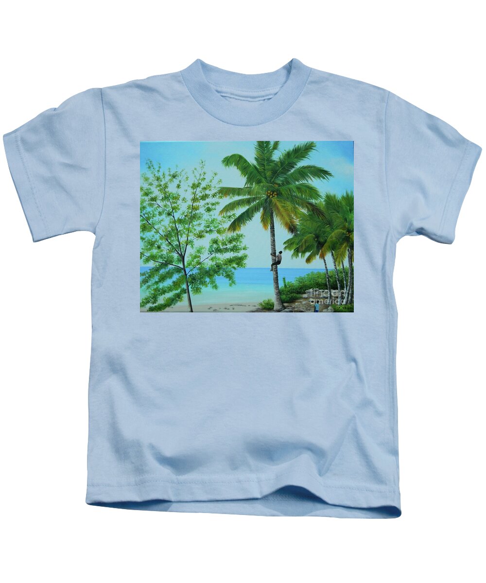 Tropical Landscape Kids T-Shirt featuring the painting Boy Climbing Coconut Tree by Kenneth Harris
