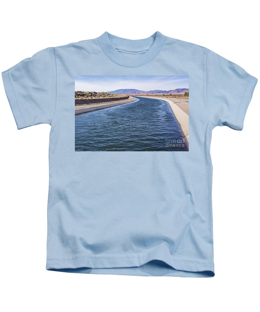 Pacific Crest Trail; Blue; Brown; California Aqueduct; Canal; Dirt; Flowing Water; Green; Joe Lach; Overpass; River; Sidewalk; Stream; Trail; Walking Path; Water Kids T-Shirt featuring the photograph California Aqueduct S Curves by Joe Lach
