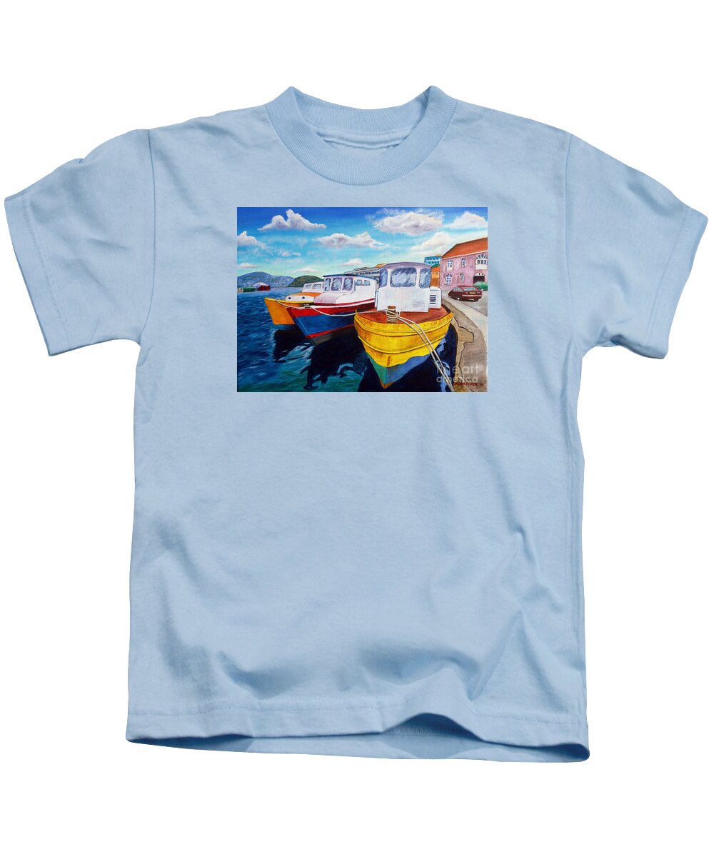 Grenada Kids T-Shirt featuring the painting Carenage scene 1 by Laura Forde