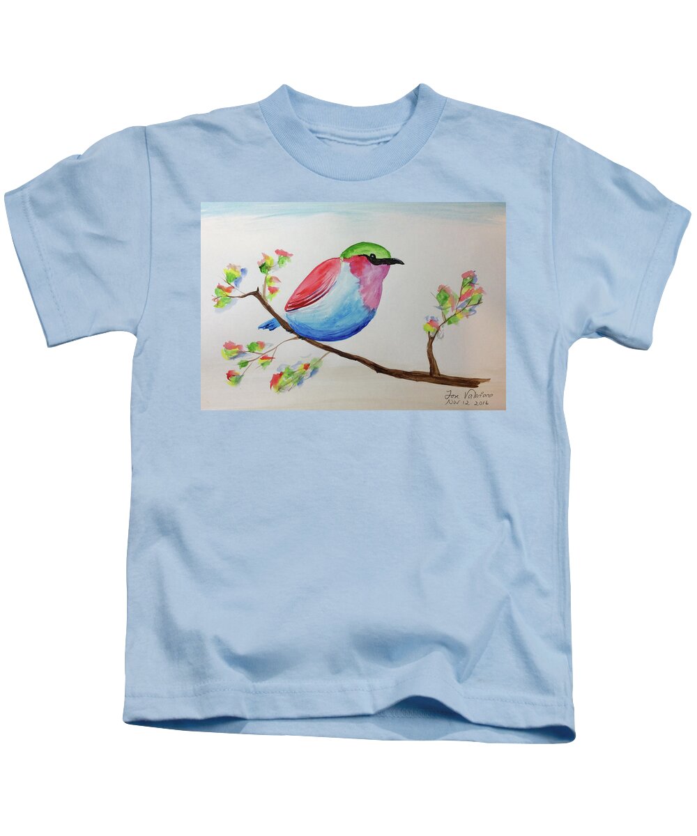 Watercolor Kids T-Shirt featuring the painting Chickadee with green head on a branch by Martin Valeriano