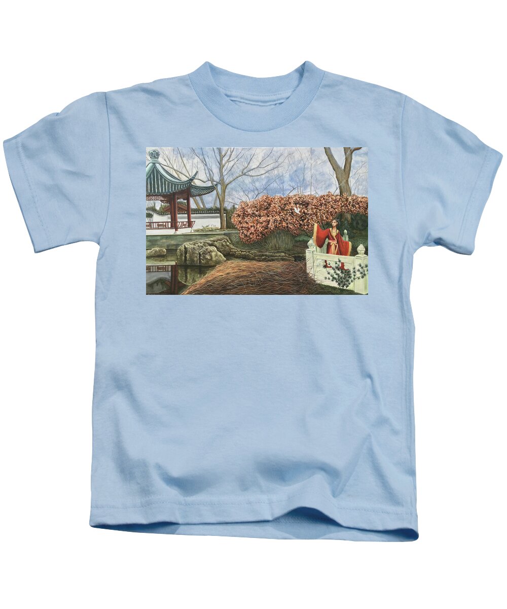 Landscape Kids T-Shirt featuring the painting Chinese Garden In Winter by Mr Dill