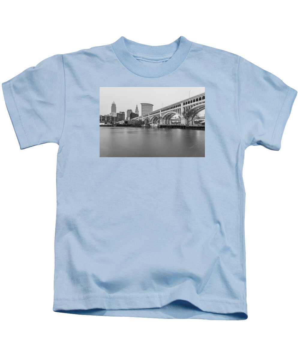 Cleveland Kids T-Shirt featuring the photograph Cleveland Skyline in Black and White by John McGraw