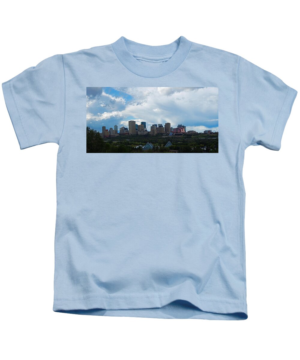 Panorama Kids T-Shirt featuring the photograph Cloudy Skyline Edmonton by David Kleinsasser