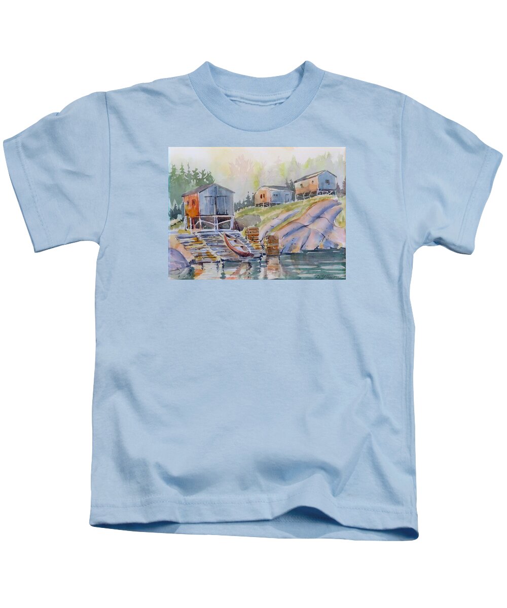 Newfoundland Kids T-Shirt featuring the painting Coastal Village - Newfoundland by David Gilmore