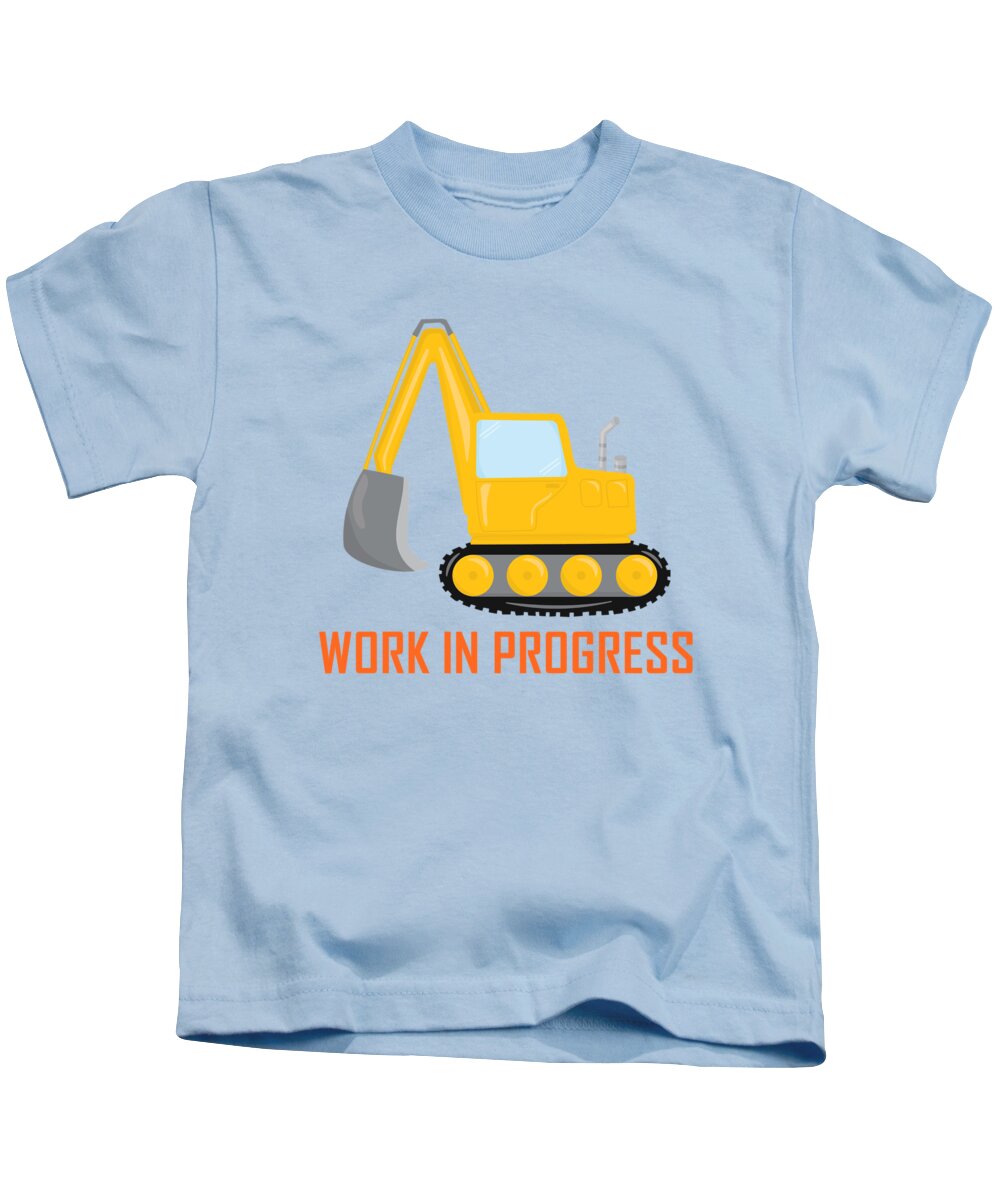 Excavator Kids T-Shirt featuring the digital art Construction Zone - Excavator Work In Progress Gifts - Grey Background by KayeCee Spain