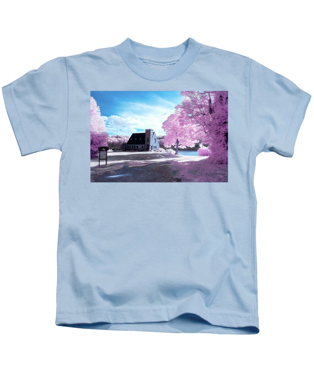 Old Stone Church West Boylston W W. Architecture Stonewall Outside Outdoors Sky Clouds Trees Bushes Brush Grass Geese Birds Newengland New England U.s.a. Usa Brian Hale Brianhalephoto Ir Infrared Infra Red Historic Kids T-Shirt featuring the photograph Cotton Candy Church by Brian Hale